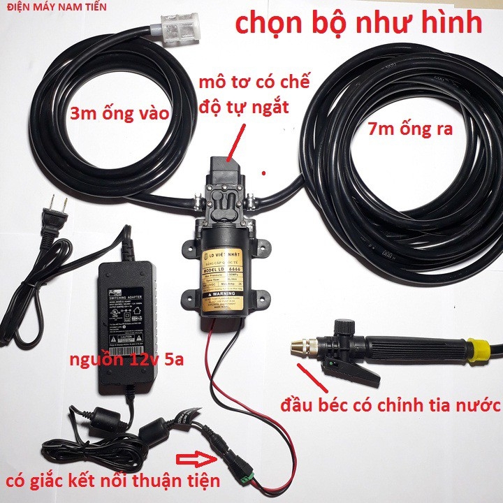 Bộ máy bơm nước rửa xe mini, gồm ống nước vòi tăng áp lực xịt nhiều chế độ rửa xe máy, ô tô, tưới cây, rửa sân vườn tặng bộ biến áp 220V-12V