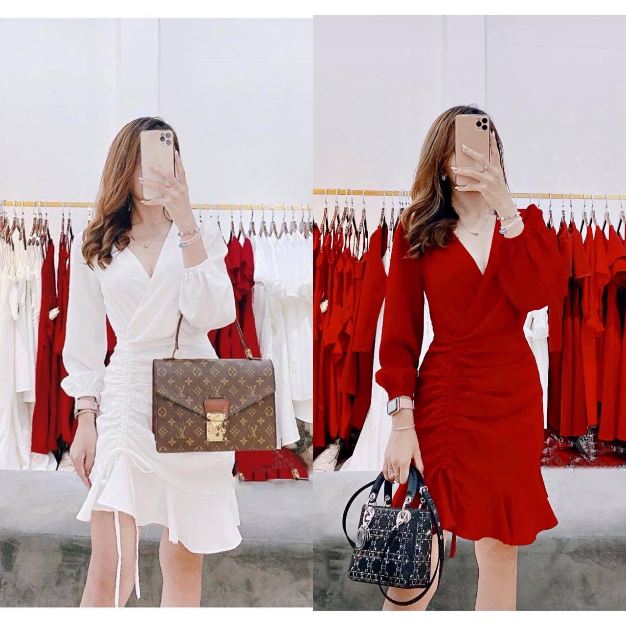 [HCM]Đầm Xòe Đắp Chéo Rút Sườn 2 Màu - DX933