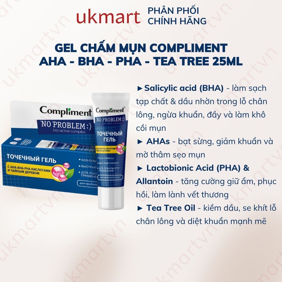 Gel bôi mụn cấp tốc compliment no problem 25ml sos, aha-bha-pha tea tree