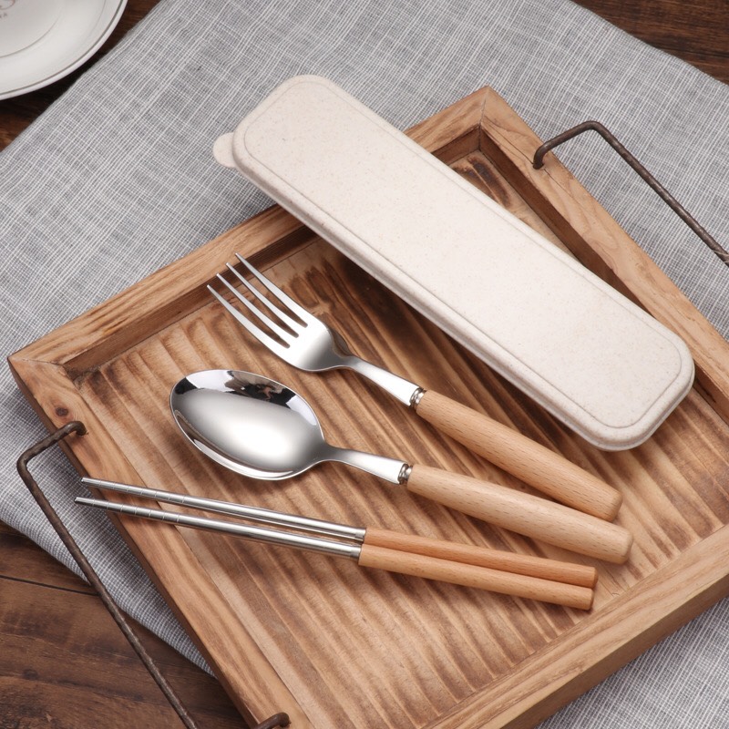 Bộ muỗng đũa nĩa inox cán gỗ kèm hộp đựng lúa mạch