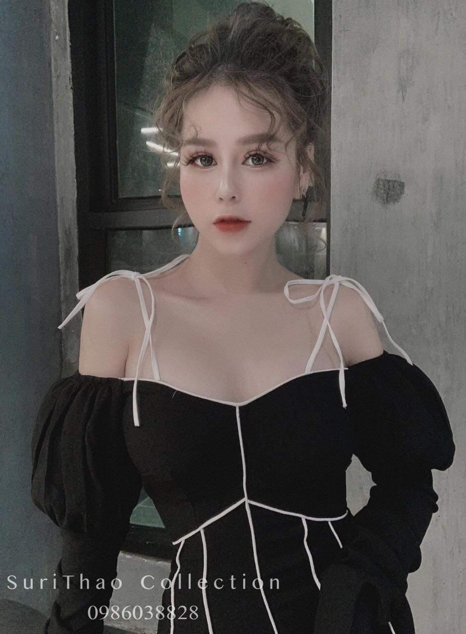 Đầm body trễ vai viền tay phồng