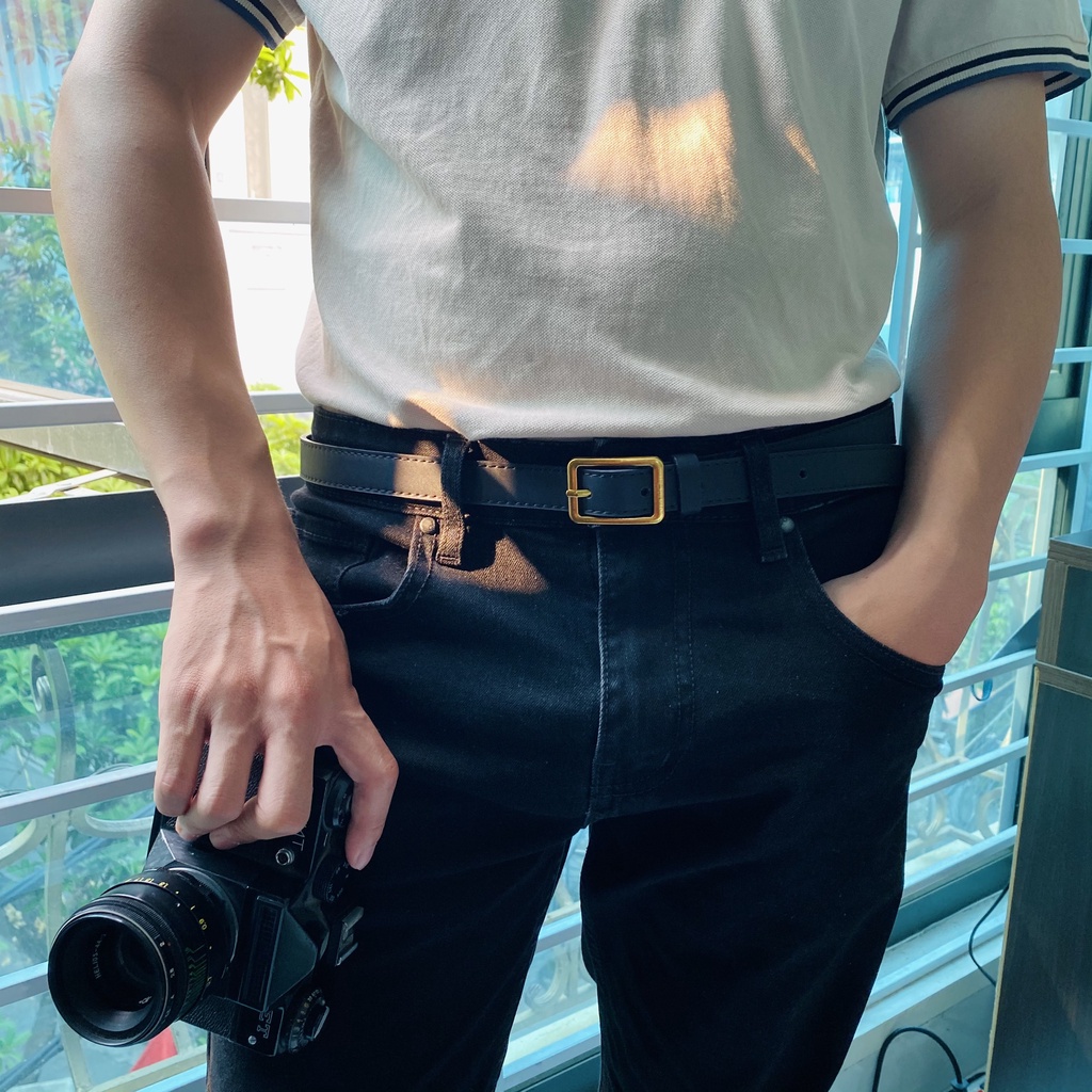 Thắt lưng da mặt chữ nhật BROO phong cách basic, dây nịt nam nữ vuông màu đen bản nhỏ 2cm made in Vietnam