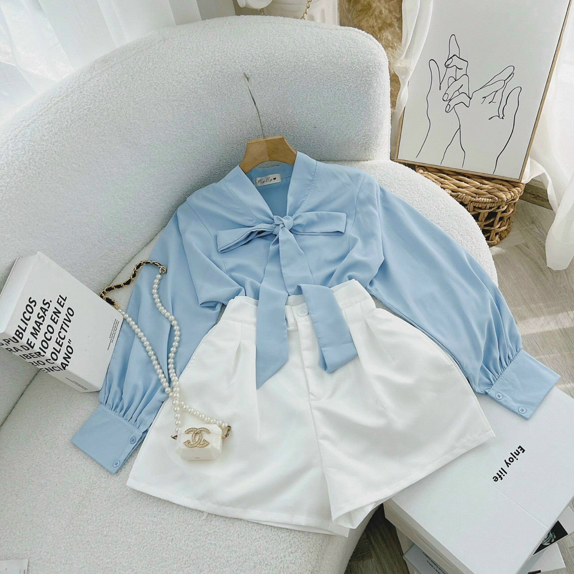 Sét Quần Áo Nữ 2 Món Áo Dài Tay Cột Nơ & Quần