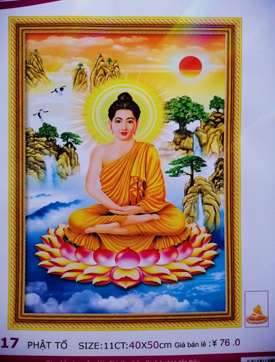Tranh thêu chữ thập Đức Phật ngồi gốc bồ đề