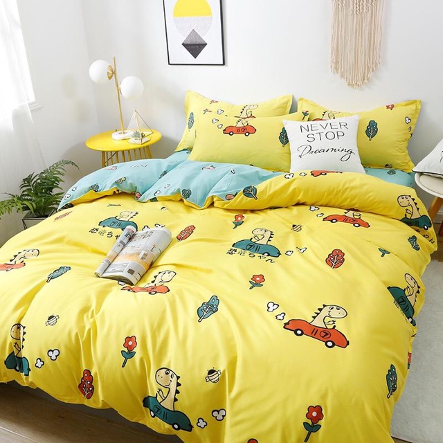 Bộ Ga Gối 3 Món Chất Liệu Cotton Poly Mẫu KHỦNG LONG VÀNG Cho Bé Trai Tinh Nghịch, Họa Tiết Siêu Ngộ Nghĩnh.
