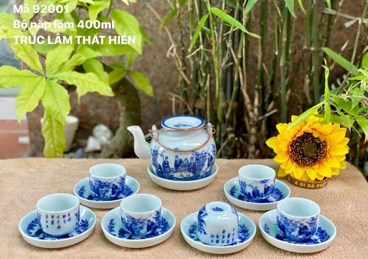 Bộ ấm chén men lam cổ Bát Tràng