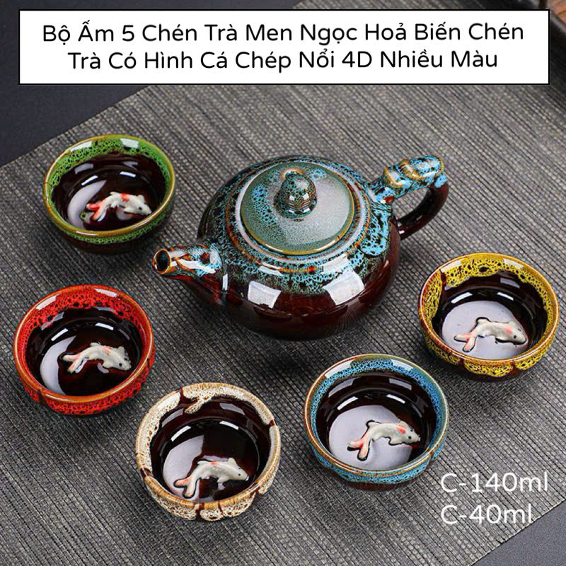 Bộ Ấm 5 Chén Trà Men Ngọc Hoả Biến Chén Trà Có Hình Cá Chép Nổi 4D Nhiều Màu