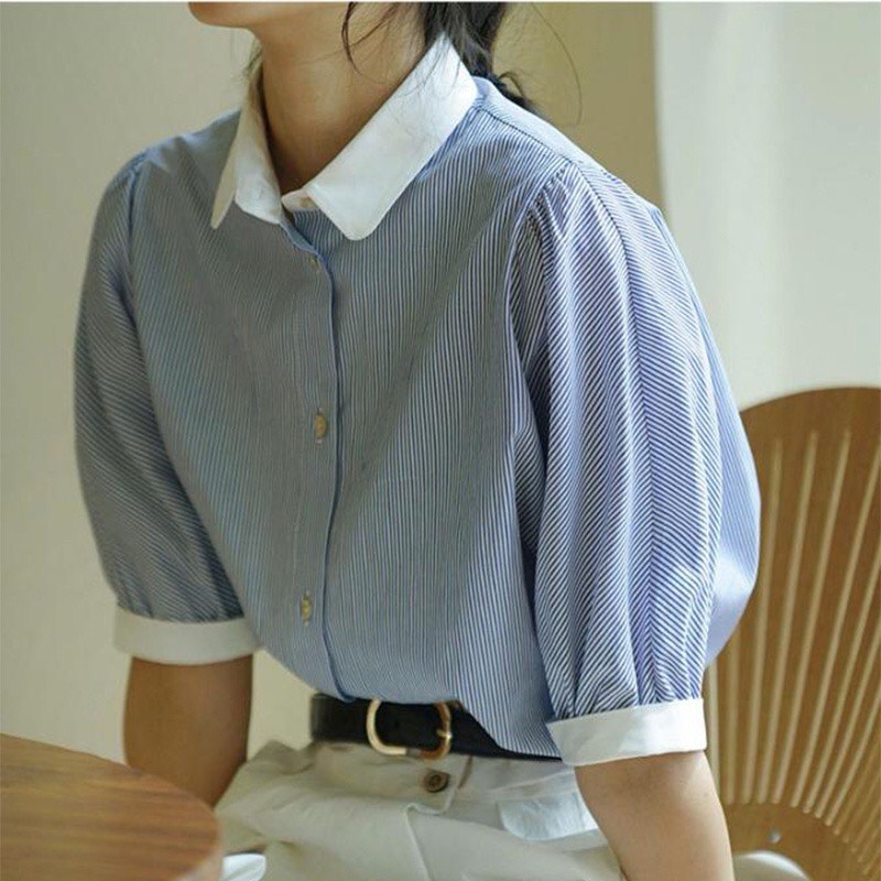 Áo sơ mi kẻ tay ngắn cổ bo góc tay áo bo phối viền trắng áo sơ mi kẻ ulzzang - 247storefashion - ao1910