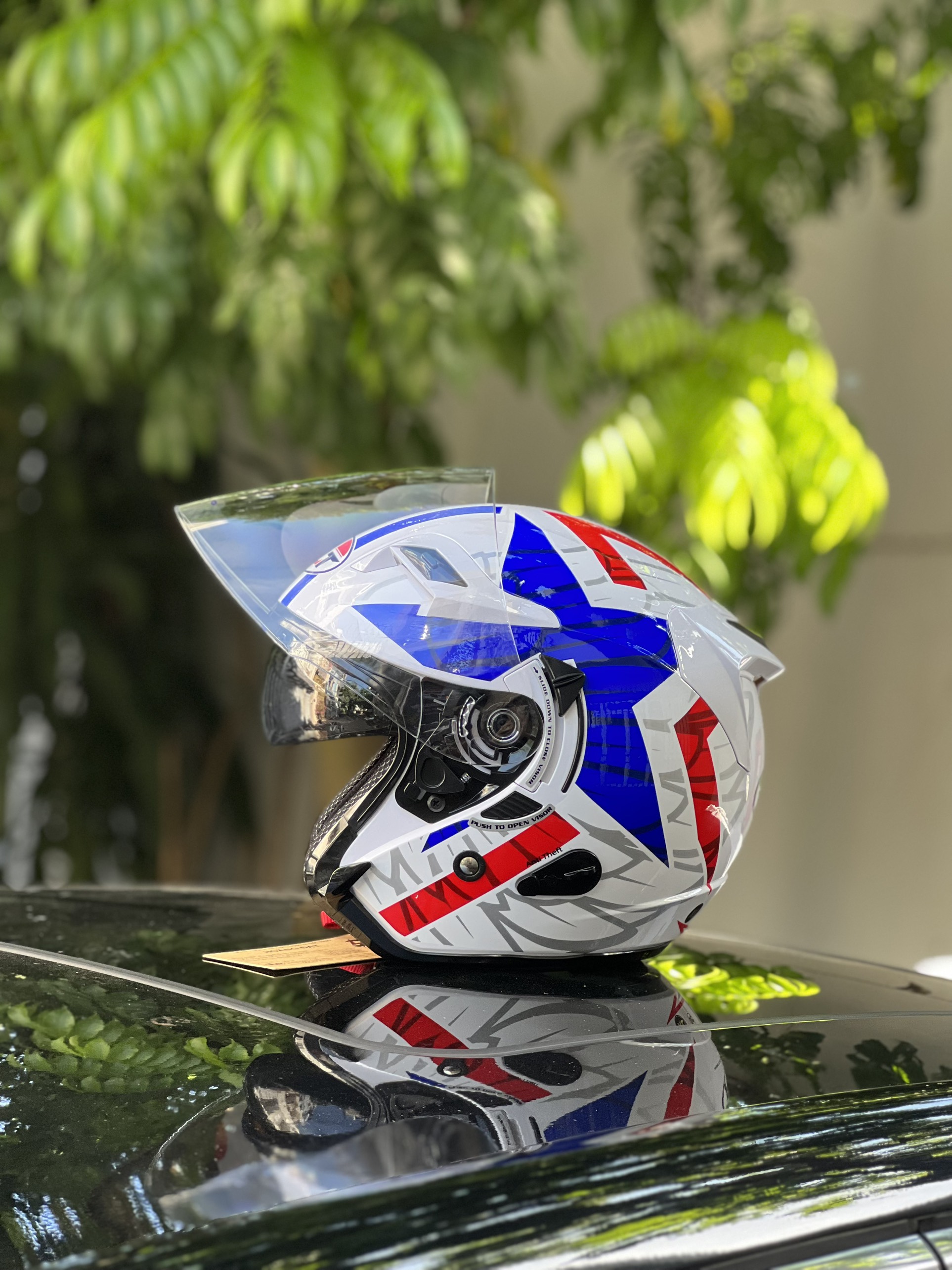 Nón bảo hiểm 3/4 2 kính klt tem star blue red chính hãng 2024