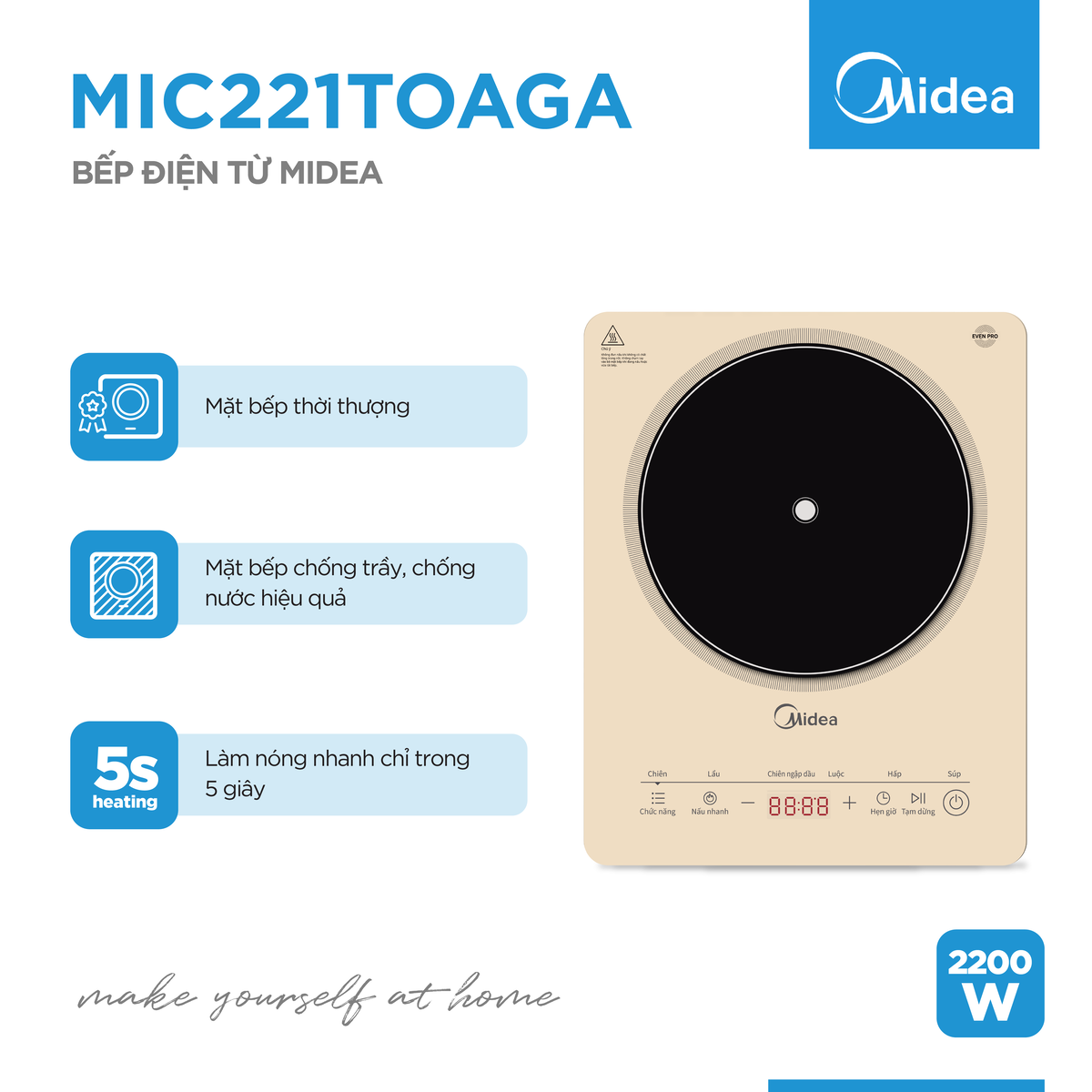 Bếp từ Midea MIC221T0AGA (Công suất 2200W, Có Chế Độ Sôi Liu Riu)