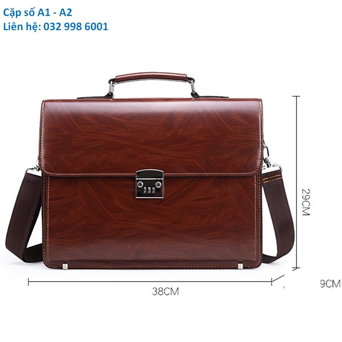 Cặp da khóa số công sở đựng laptop mã A 38x29x9cm (Nâu sáng - Nâu đậm)