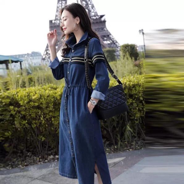 [HCM]ĐẦM JEAN XÒE PHỐI CARO CỔ SƠ MI EO DÂY RÚT