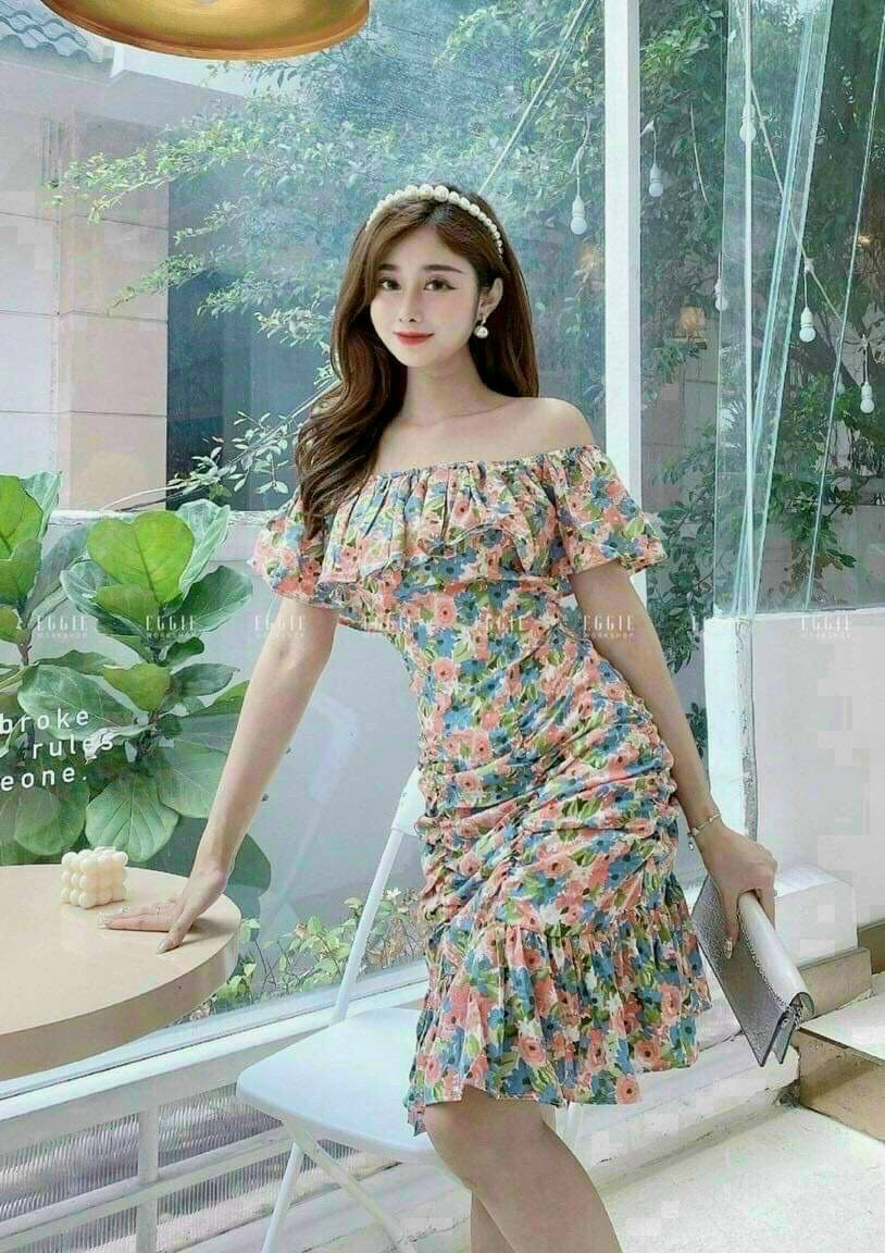 Đầm lụa hoa trễ vai dạ hội dự tiệc cao cấp lên dáng sang chảnh