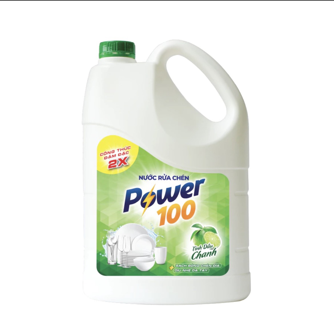 Nước rửa chén POWER100 hương chanh, trà xanh khử mùi tanh can 1.4 kg