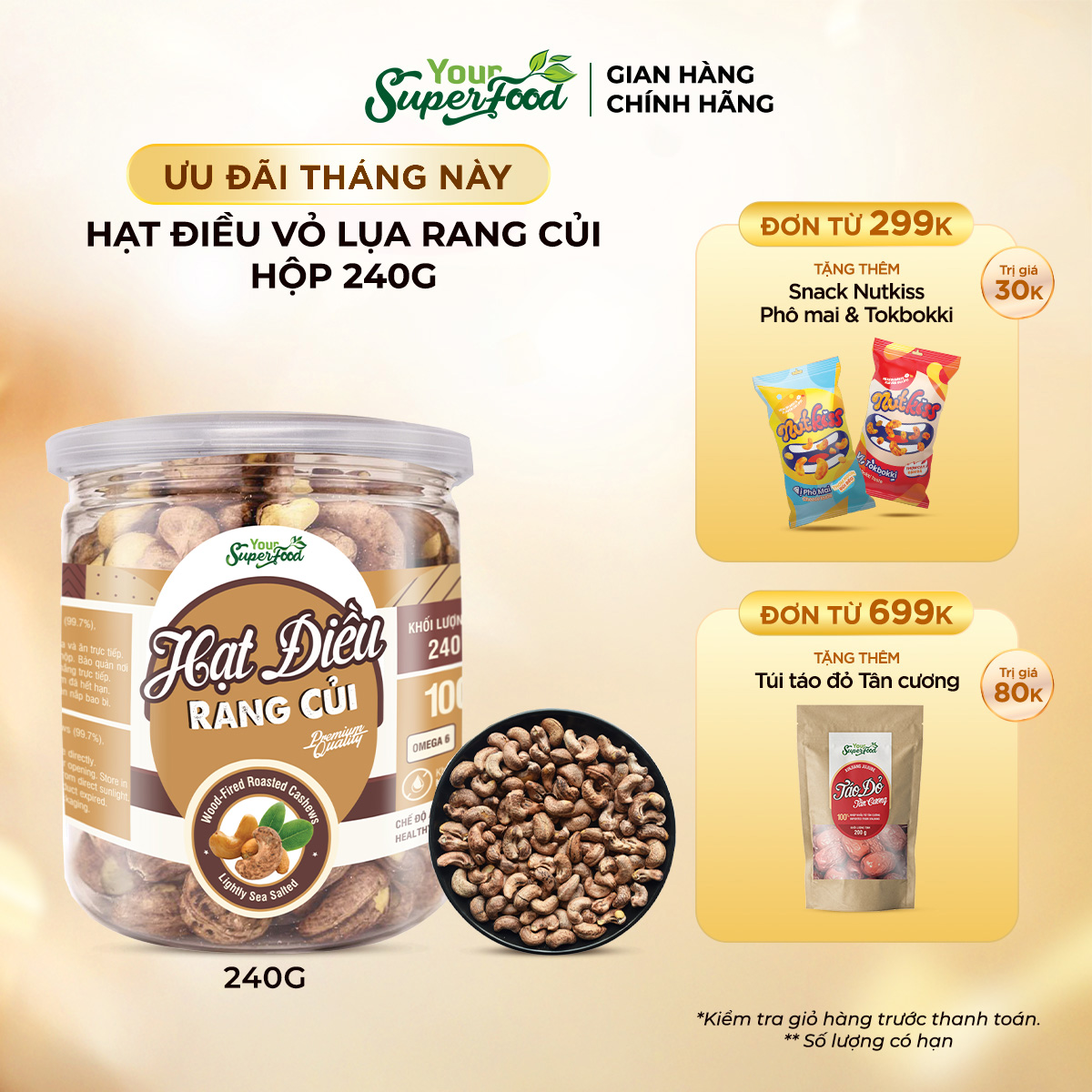 Hạt Điều Rang Củi Vỏ Lụa Loại A (hộp 240g) Your Superfood