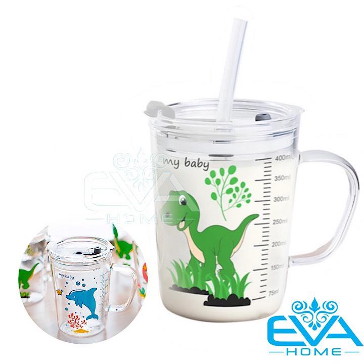 [HCM]Ly Thuỷ Tinh Chịu Nhiệt Chia Ml Hoạ Tiết Hoạt Hình Có Nắp Đậy Chân Không 400 ml (Tặng Kèm 2 Ống Hút Silicone)
