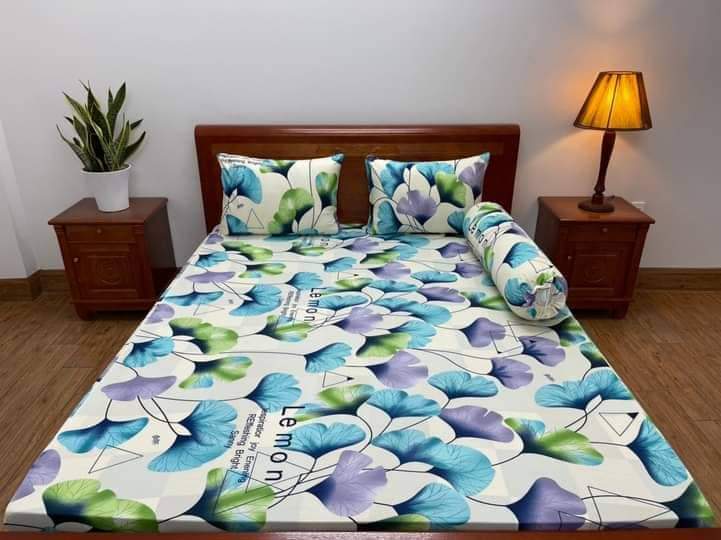 Bộ ra giường 4 món thun lạnh in 3D hàn quốc CAO CẤP (gồm 1 drap + 2 áo nằm + 1 áo ôm)
