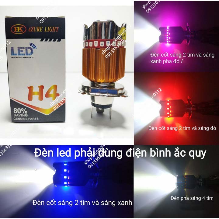 Đèn pha Led xe máy 7 màu 4 tim chân H4