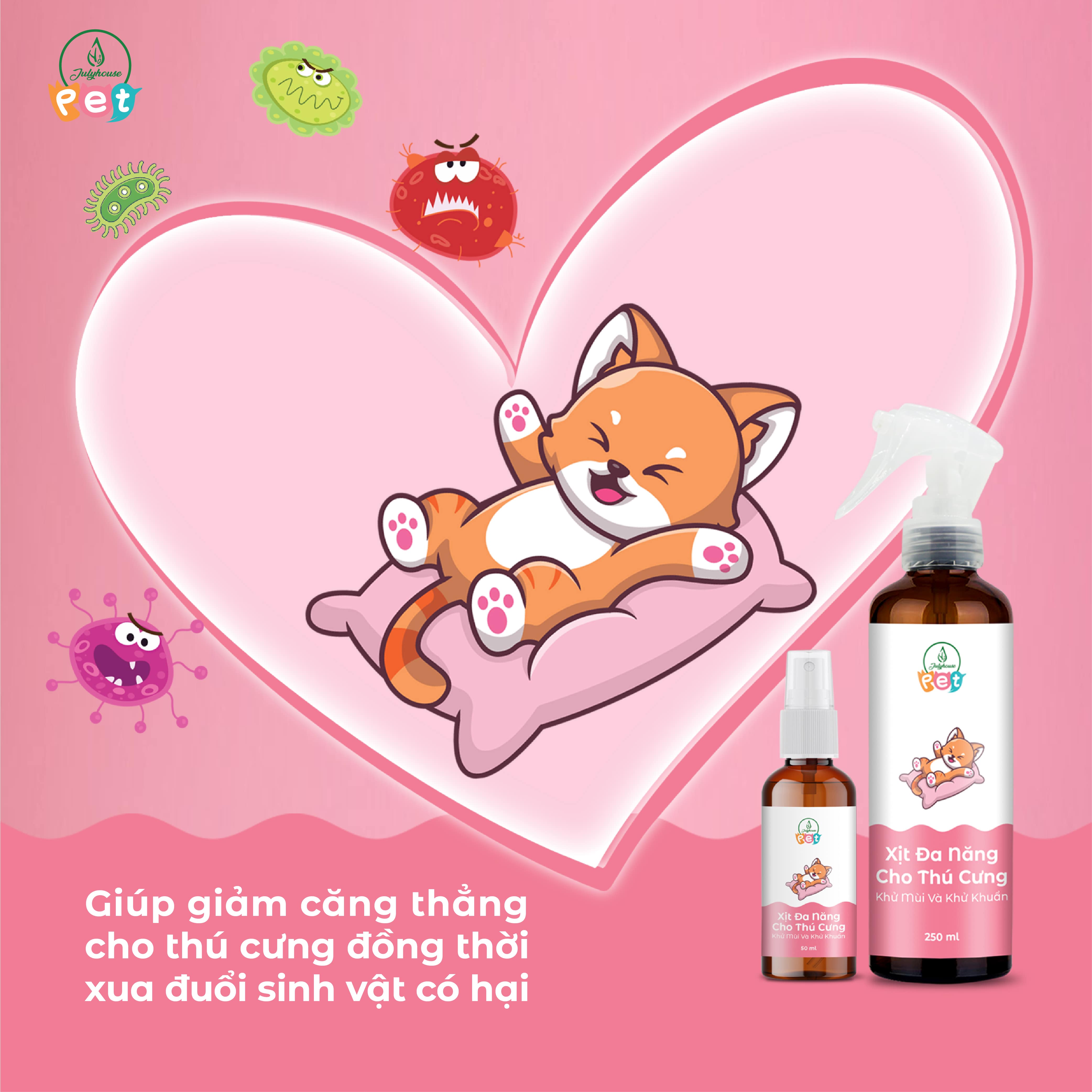 Nước lau sàn cấp tốc dạng xịt khử mùi và khử khuẩn cho chó mèo 50ml JULYHOUSE kết hợp tinh dầu Oải Hương, Khuynh Diệp, Sả Chanh