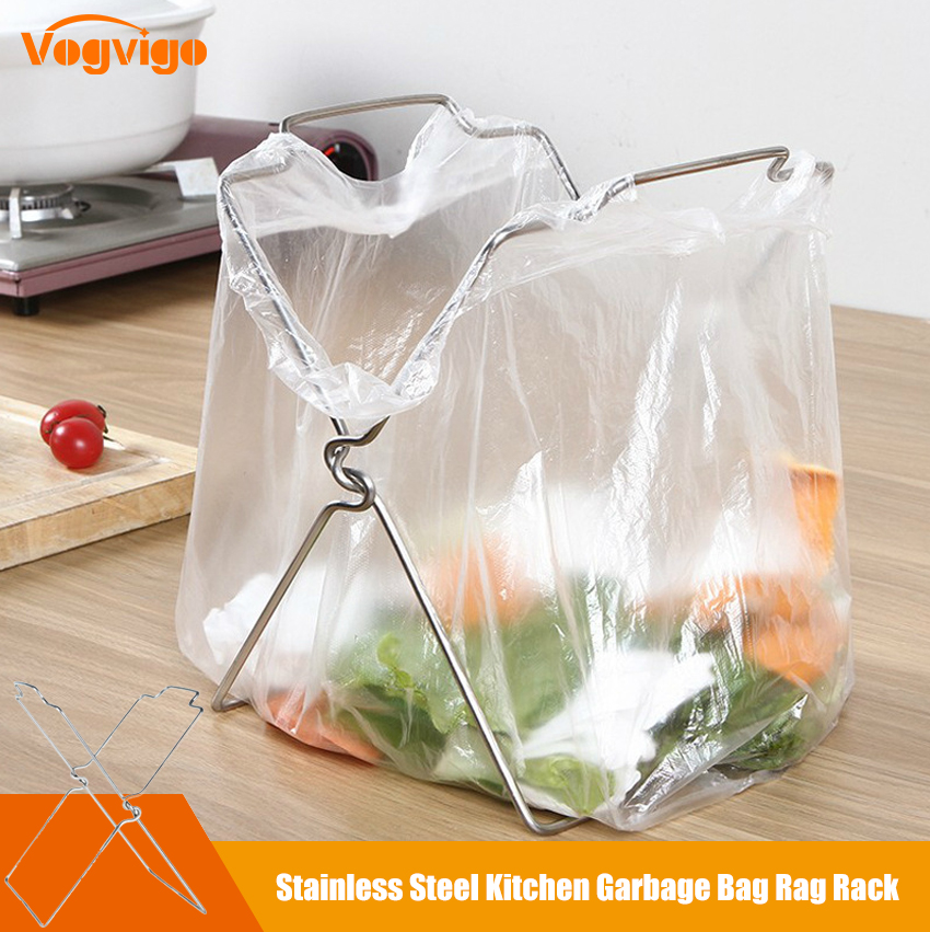 Stainless Steel Kitchen Garbage Rack Garbage Bag Rag Rack Foldable Storage Rack Plastic Bag Shelf Trash Can Bracket