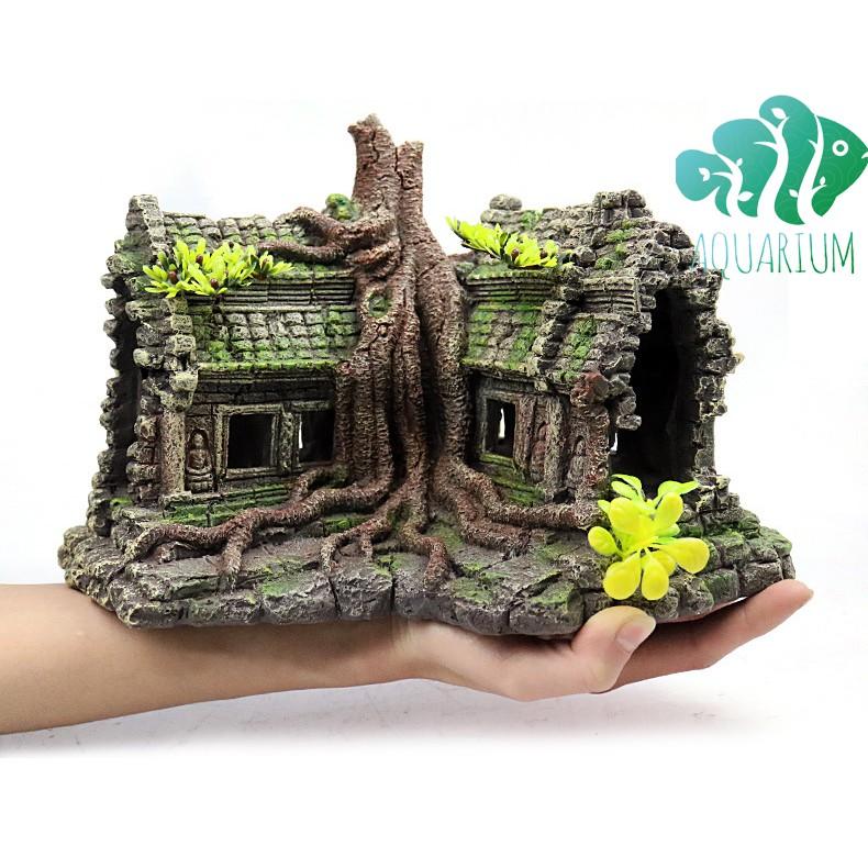 Ngôi đền cổ rêu phong trang trí bể cá, bể thuỷ sinh