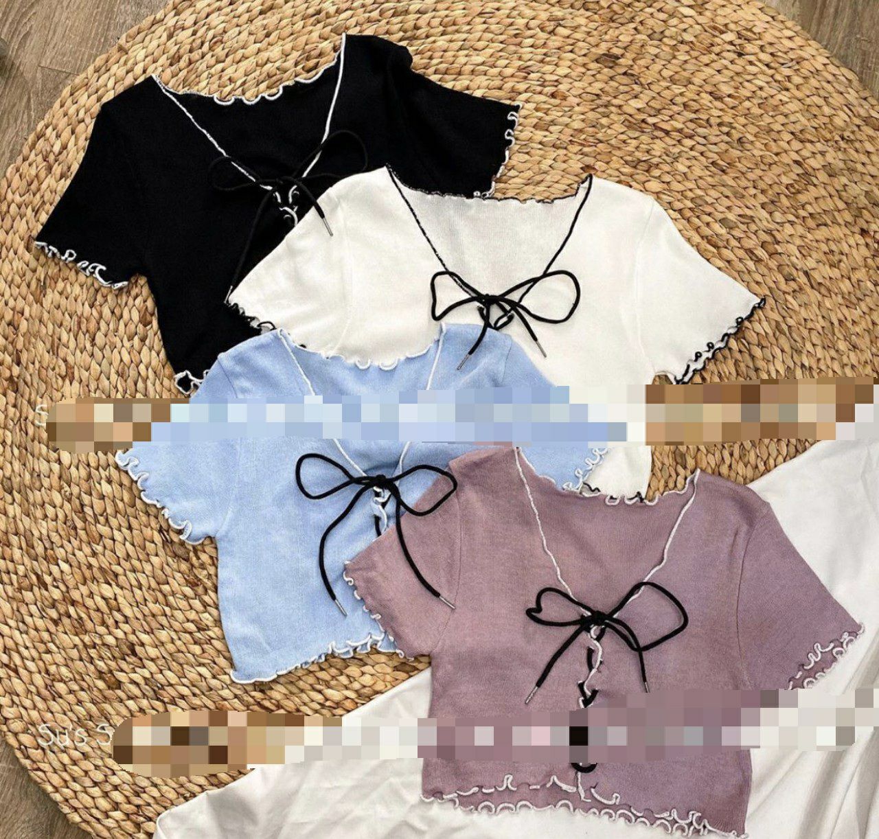 ÁO KIỂU ĐAN DÂY TRƯỚC MÀU ĐEN ÁO DÁNG NHỎ CUỐN BIÊN FORM 45 KG