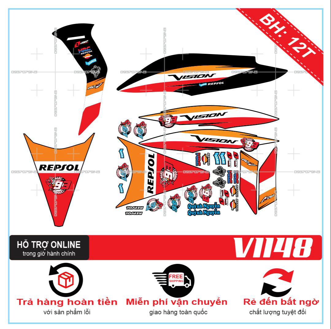 TEM XE VISION 2012, TEM RỜI XE VISION 2012 REPSOL DÁN XE ĐEN