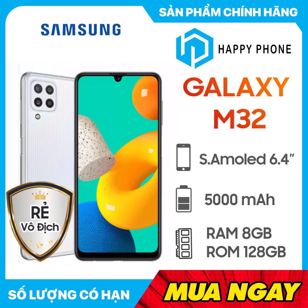 [VOUCHER 70K] Điện thoại Samsung Galaxy M32 (8GB/128GB) - Hàng Chính Hãng, Mới 100%, Nguyên Seal | Bảo hành 12 tháng