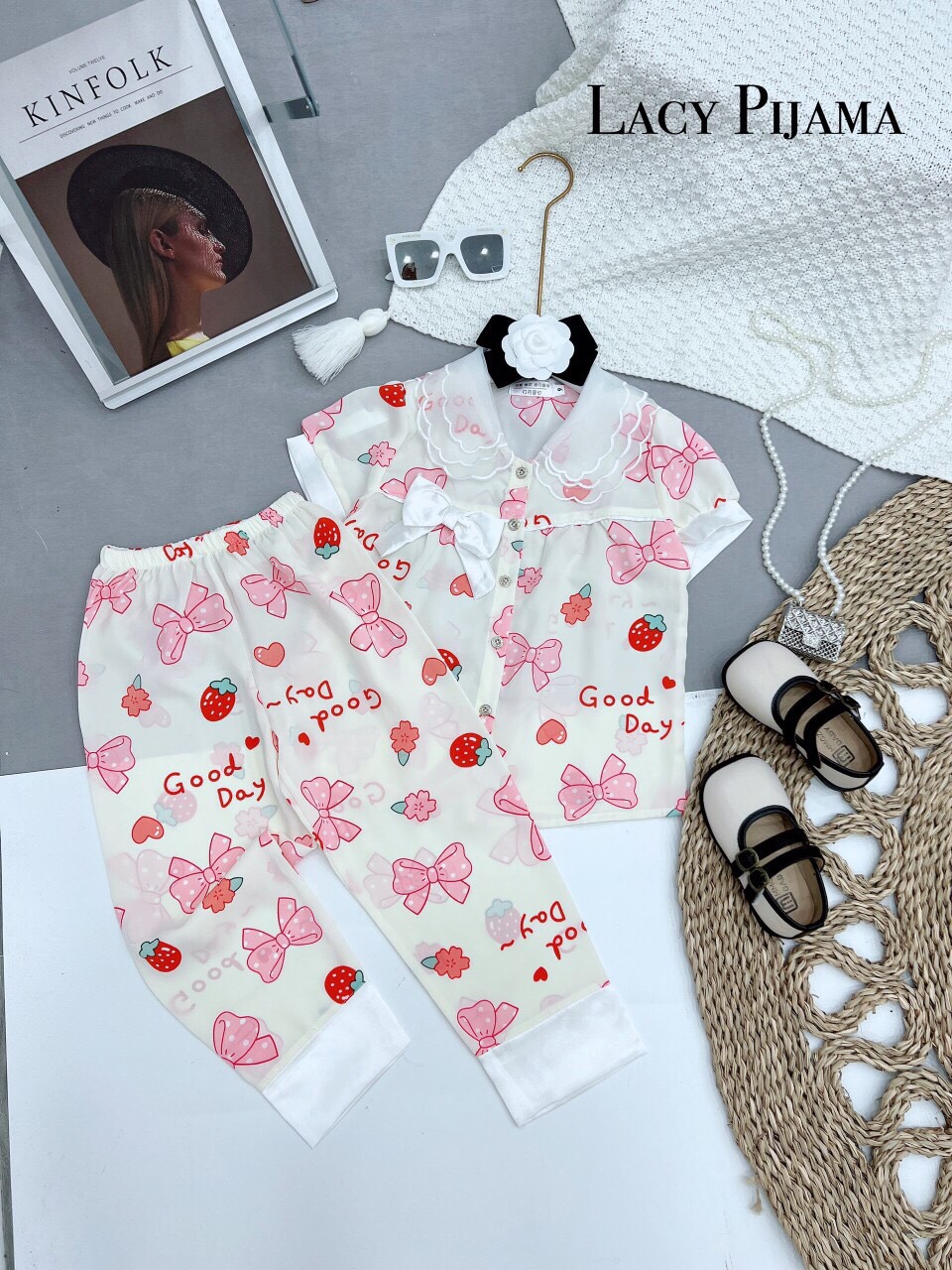 Bộ Ngủ Pijama Lụa Mango Phối Cổ Ba Lá Cho Bé Gái