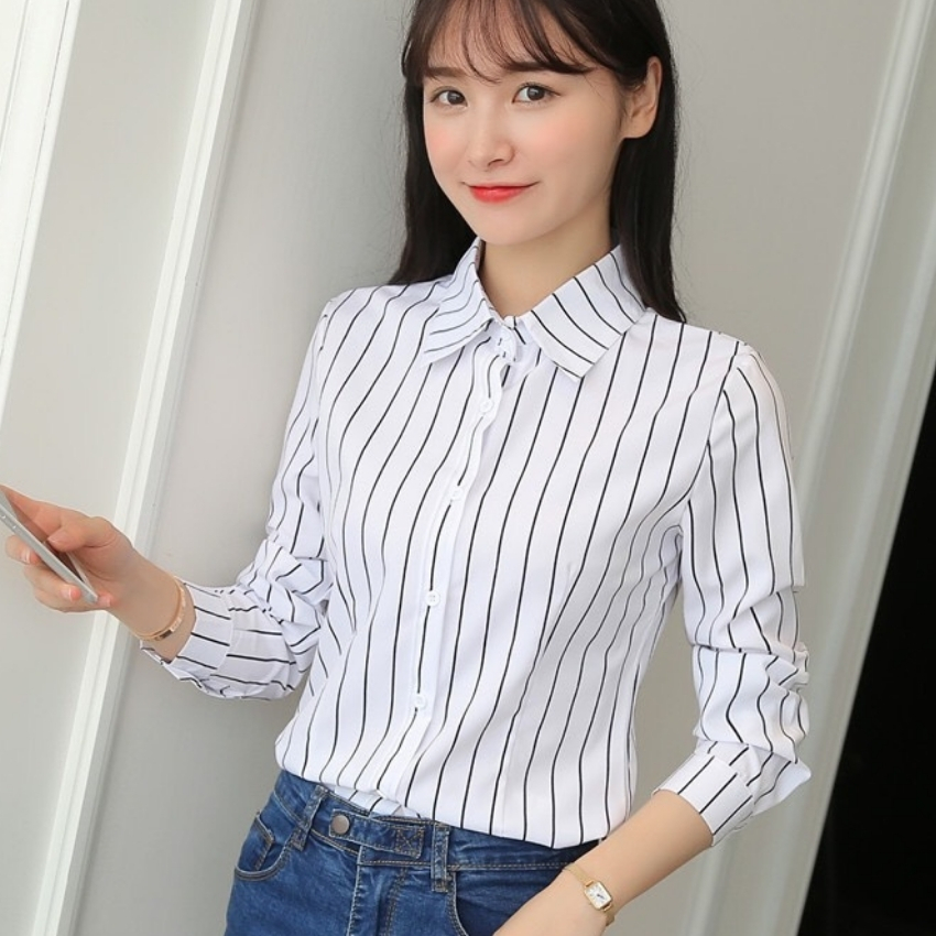 Áo sơ mi nữ  họa tiết sọc kẻ trắng đen mẫu VN0101 thời trang FIVESTAR cao cấp mềm mịn thấm hút mồ hôi tốt