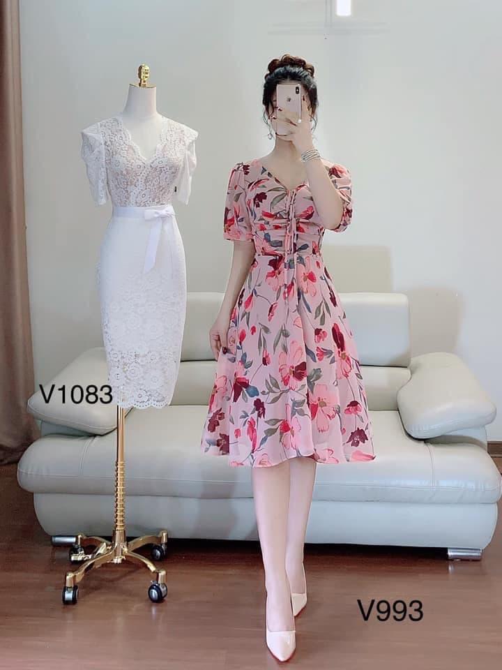 Đầm xòe voan in hoa cao cấp V993