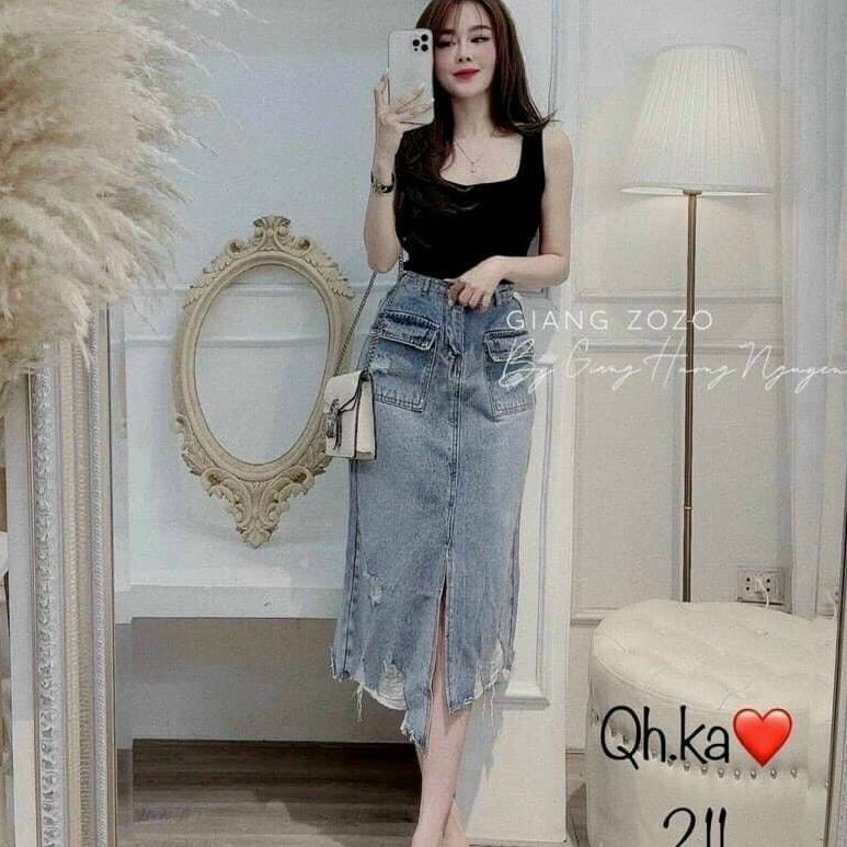 CHÂN VÁY JEAN NỮ CHỮ A - CV_5032, CHÂN VÁY BÒ XẺ TÀ RÁCH KÈM TÚI HỘP, PHONG CÁCH CÁ TÍNH NĂNG ĐỘNG - THƠI TRANG CAO CẤP BAOANH FASHION