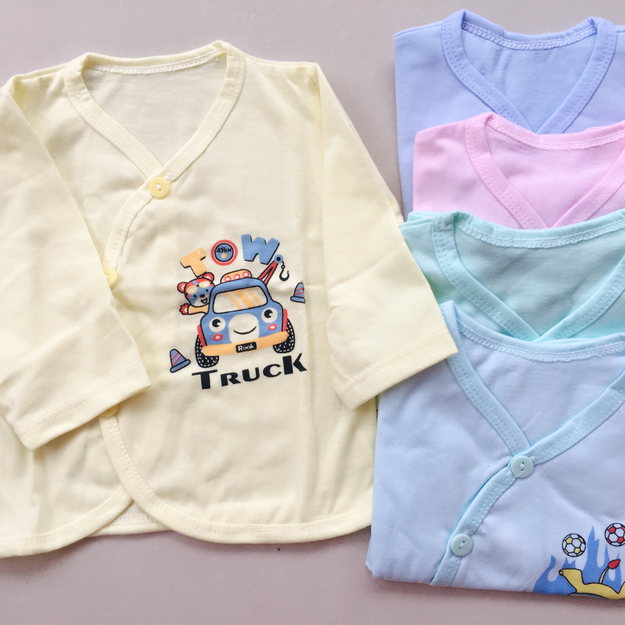 Set 5 Áo dài tay sơ sinh cổ tim nút lệch