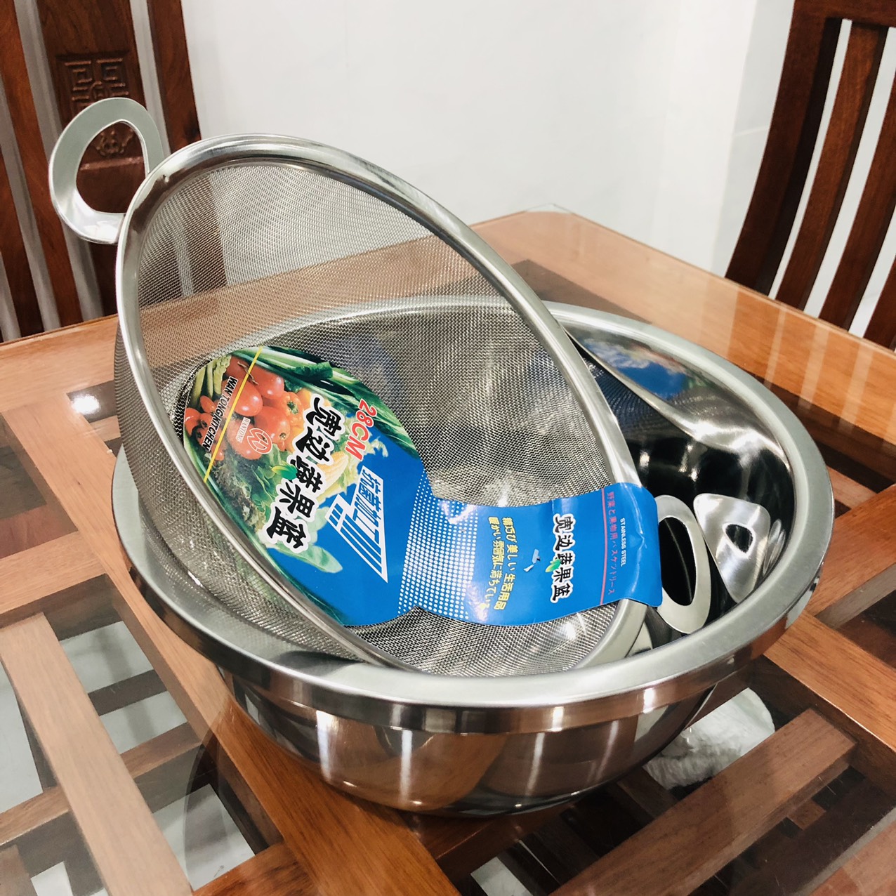 [BỘ THAU RỔ] Thau rửa rau quả trộn salad 30 cm và rổ lưới  28 cm có lổ dày - sáng đẹp. Thau inox an toàn