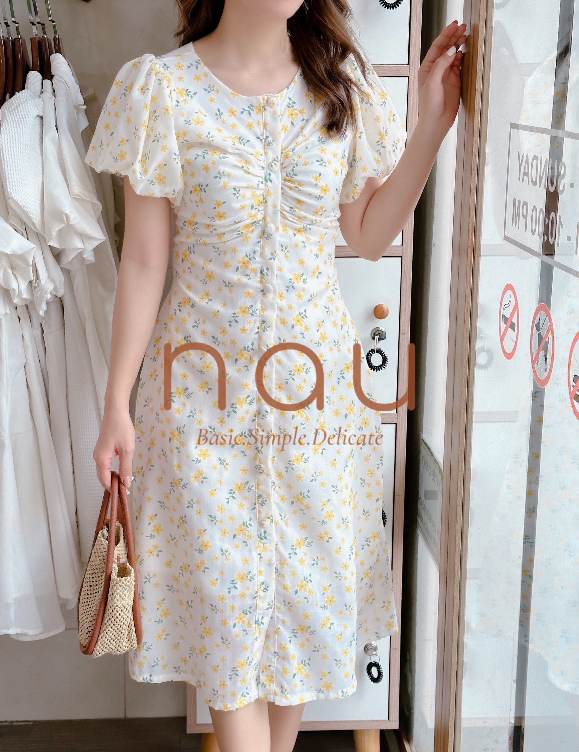 Đầm hoa nút bọc cổ tròn 3 màu