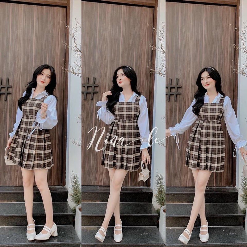 Set yếm caro + sơ mi bigsize 60-90kg