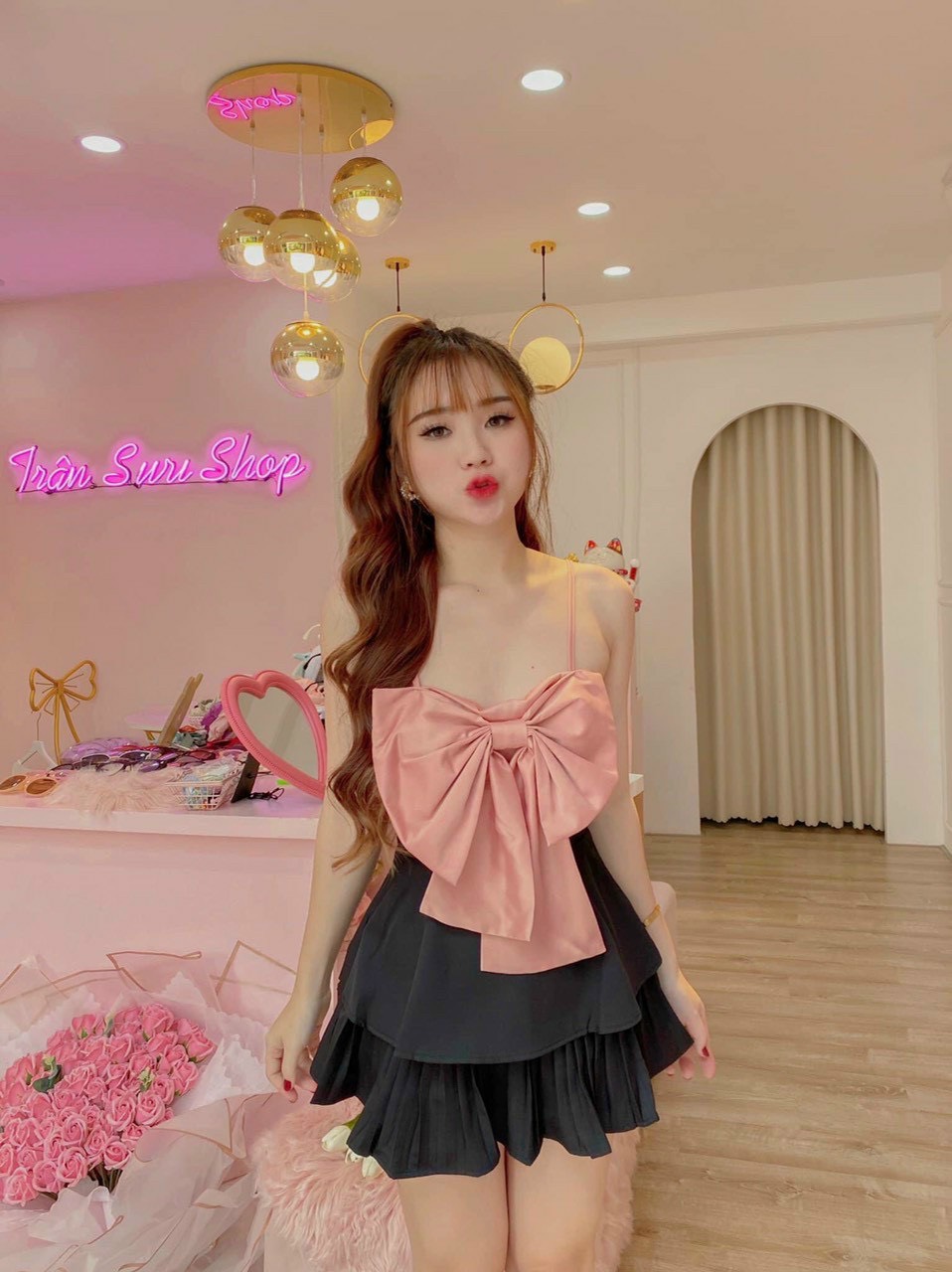 Áo voan hai dây nơ bảng bự stype TTSLA0390
