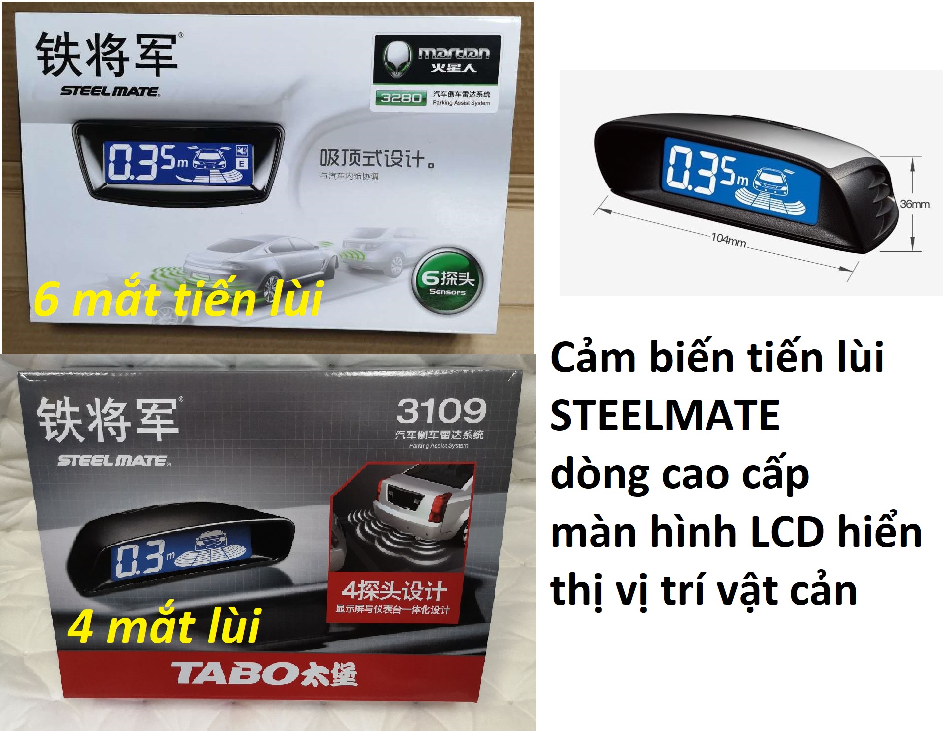 Cảm biến lùi tiến Steelmate 4 mắt 6 mắt màn LCD hiển thị vị trí vật cản cho xe hơi ô tô dòng cao cấp