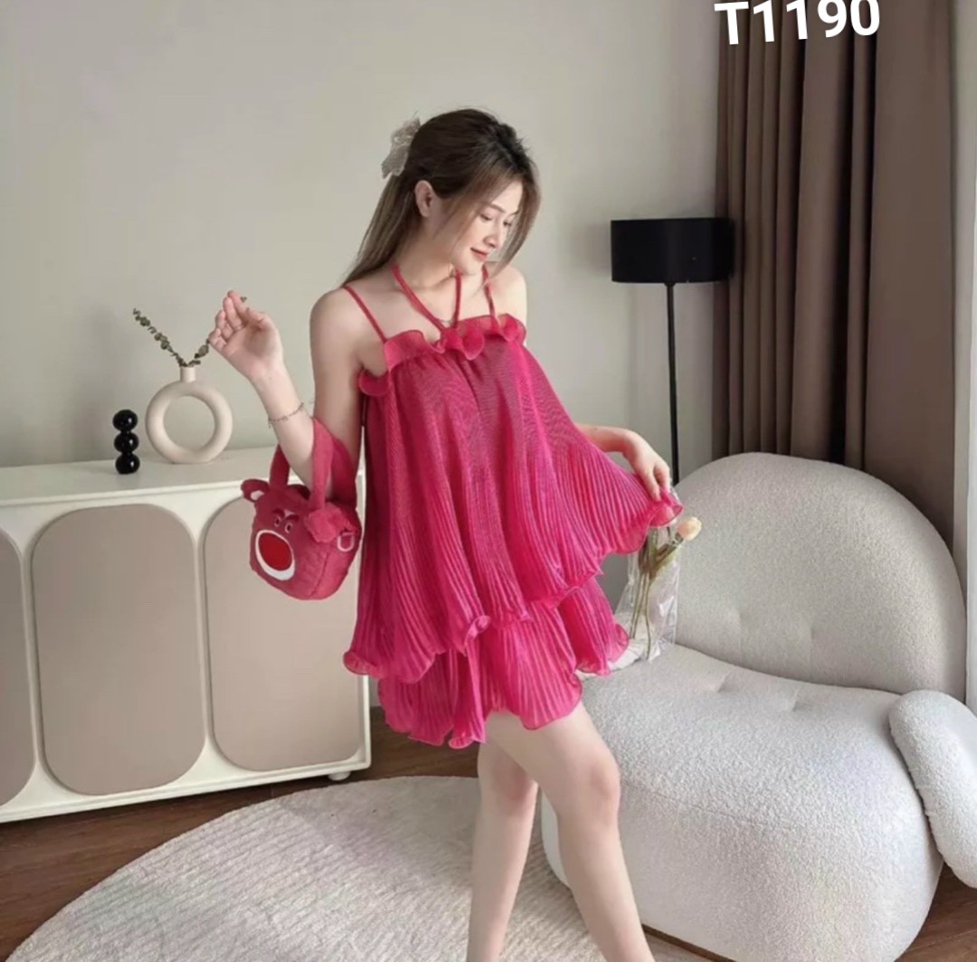 Set áo 2 dây kèm váy dập ly bèo cuốn dây cước voan chingfon T1190