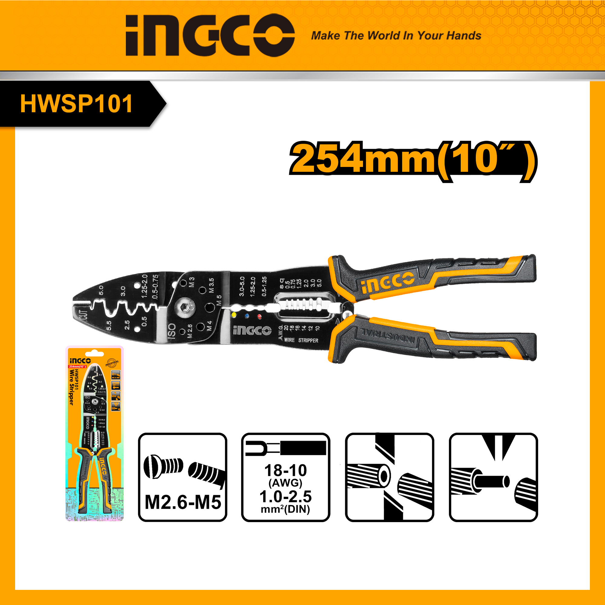 Ingco kìm tuốt dây điện đa năng 10""/250mm với chức năng cắt kìm cắt kềm đa năng hwsp101