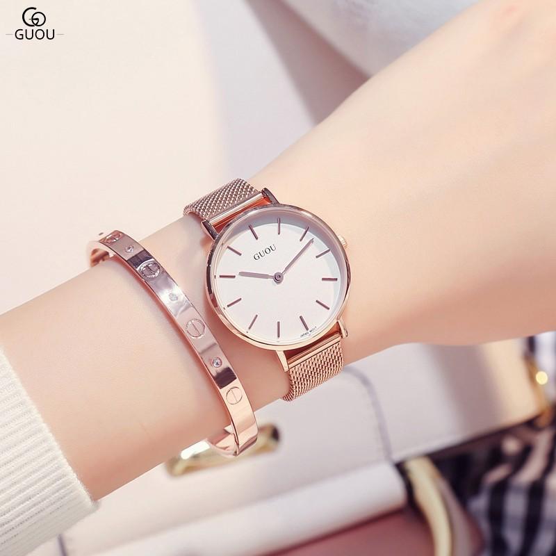 Nơi bán Đồng hồ Nữ Guou Mặt số vạch dây thép lưới sang trọng Tặng hộp + Pin