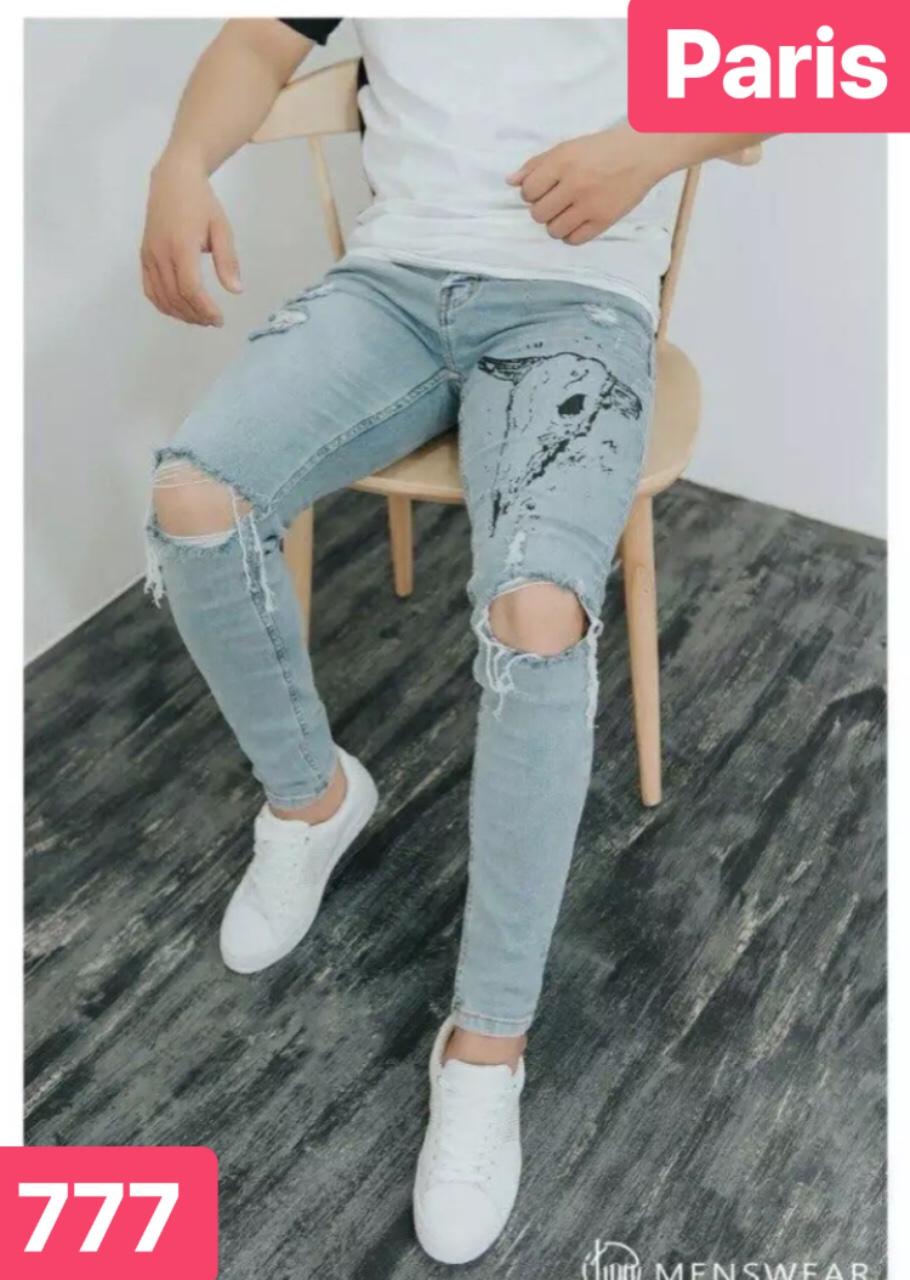 QUẦN JEAN NAM XANH CHẤT BÒ RÁCH GỐI ĐẦU TRÂU HOT TREND DB-777 CAO CẤP - PARIS FASHION