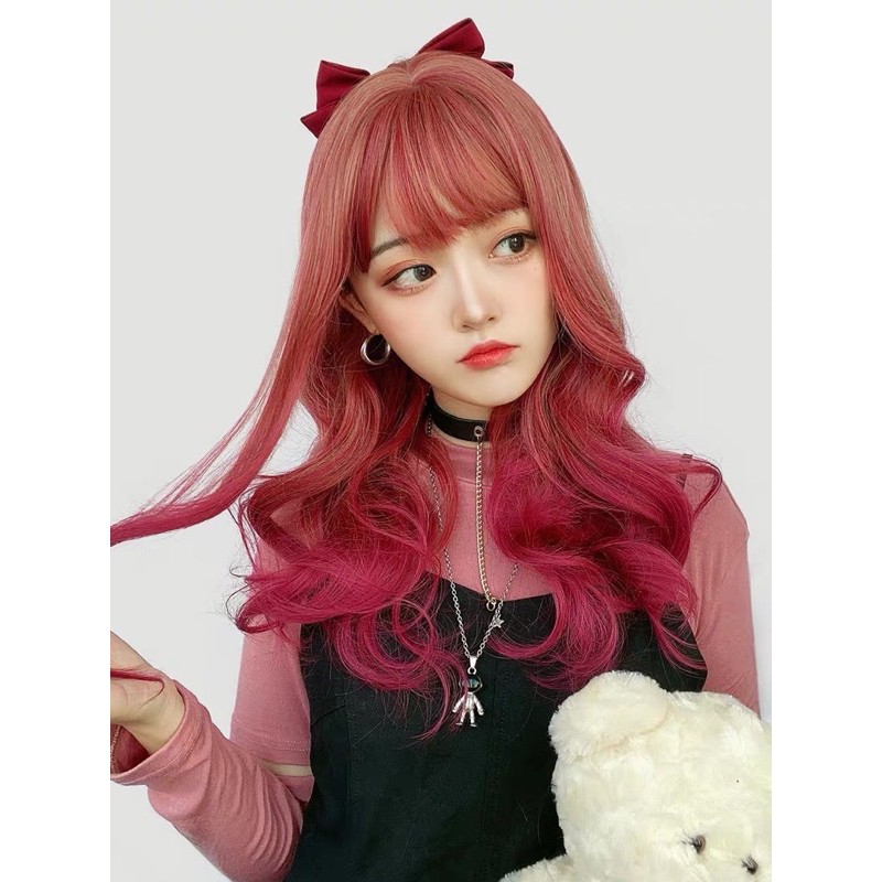 Tóc giả nguyên đầu xoăn omber đỏ hồng