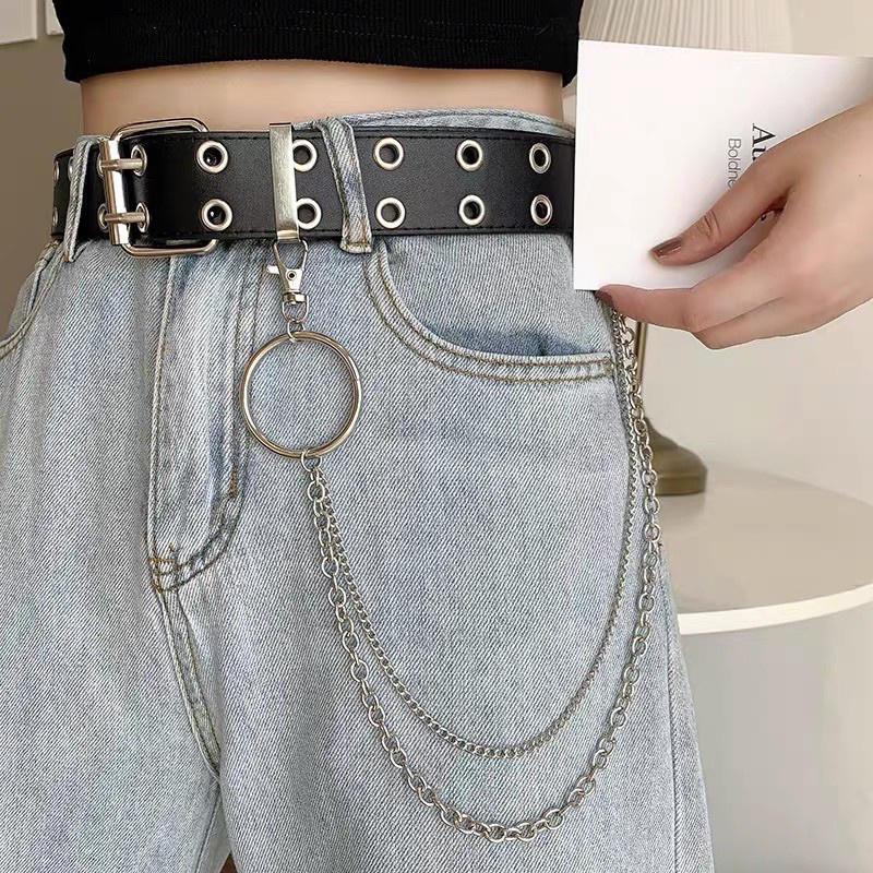 Thắt lưng nam nữ BROO kèm xích chain, dây nịt lưng unisex lỗ tròn kèm xích cài quần cá tính