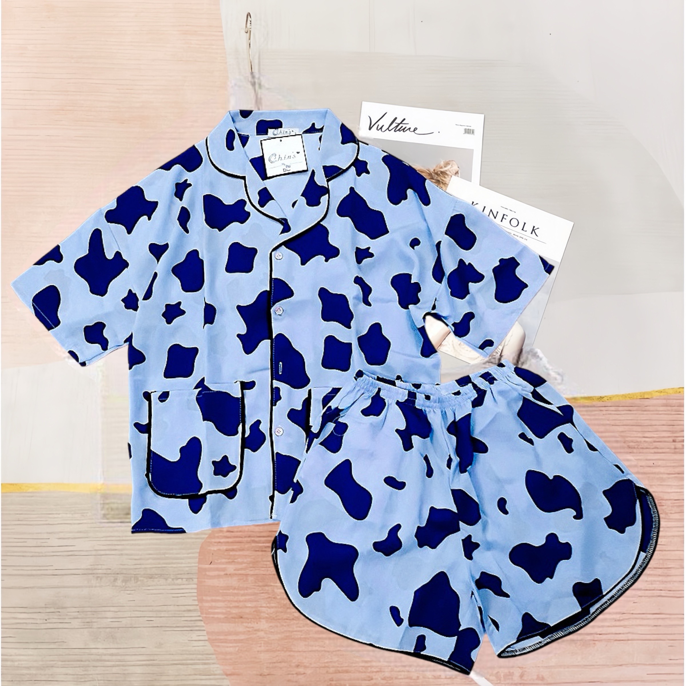 Bộ ngủ đùi pijama lụa cánh dơi bò sữa- đồ mặc nhà chất lụa hàn dưới< 62kg- pn004