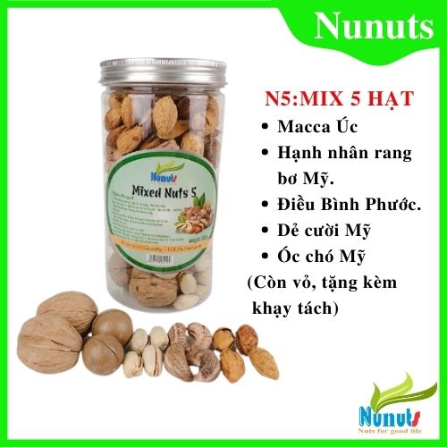Mix 5 hạt dinh dưỡng còn vỏ (macca úc, hạnh nhân rang bơ, hạt điều, hạt óc chó, hạt dẻ cười không tẩy trắng) hũ 500g