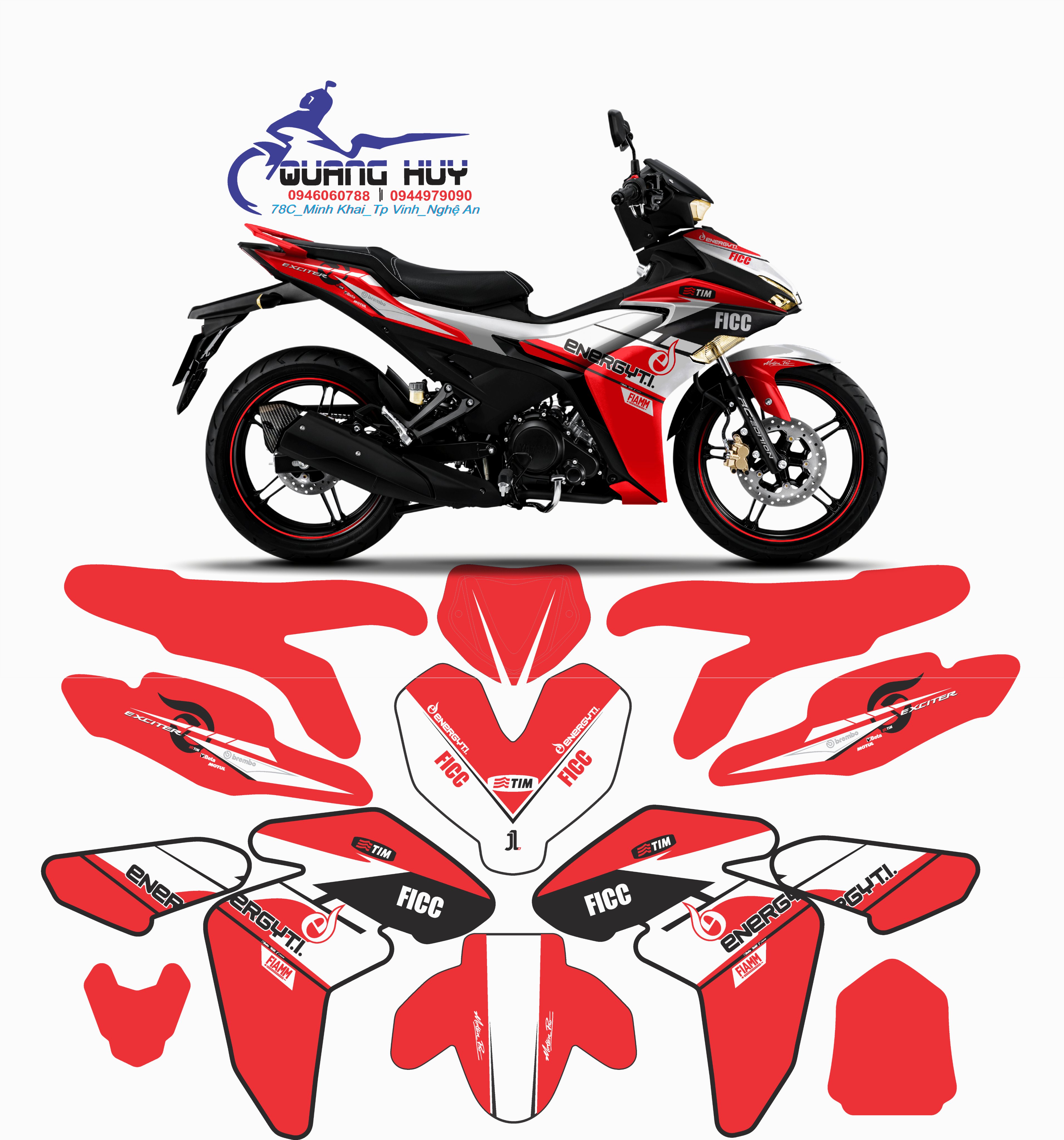 Tem trùm xe exciter 155 ENERGYTI FICC ĐỎ đẹp - Tem dán xe máy exciter 155 ENERGYTI FICC ĐỎ thiết kế theo yêu cầu - tem trùm exciter 155 độ chế đẹp và rẻ chất