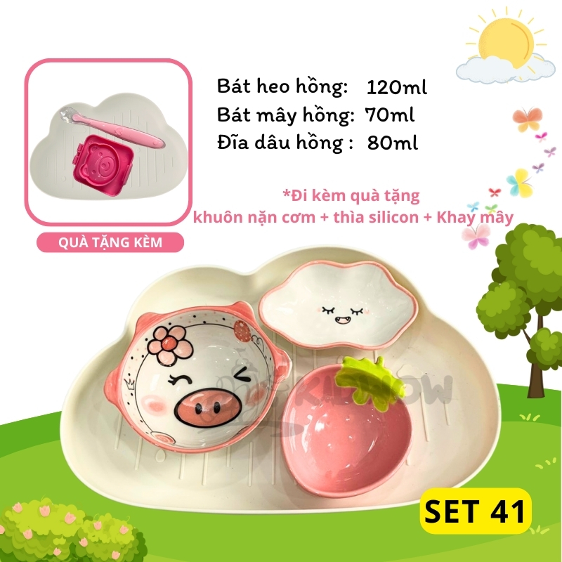 [TẶNG THÌA SILICON+ KHUÔN CƠM+ KHAY MÂY] Bộ Bát Sứ Ăn Dặm Cho Bé Siêu Đáng Yêu