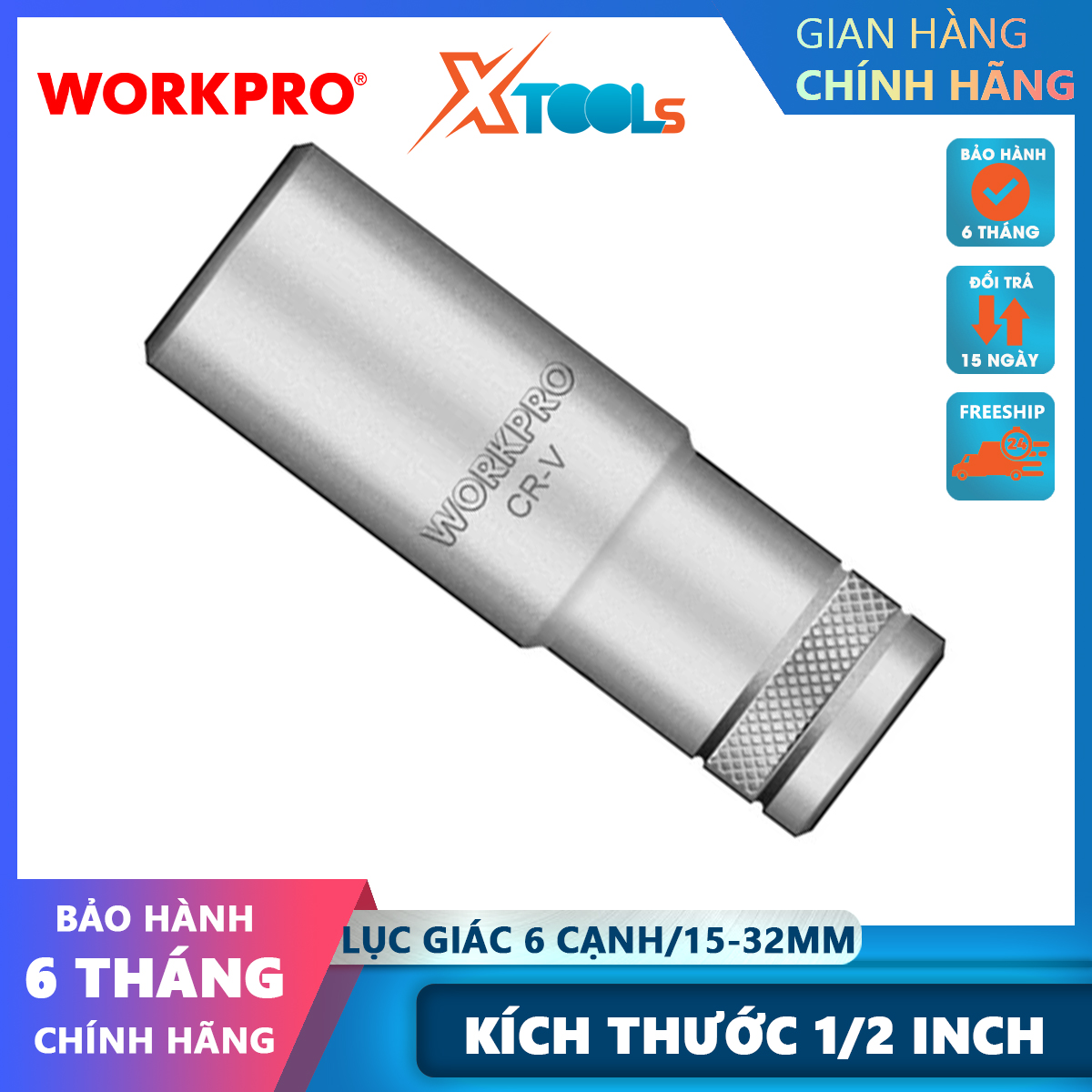 Đầu tuýp dài có đầu vuông 1/2 inch và đầu lục giác 6 cạnh size 15mm đến 32mm WorkproWP274120