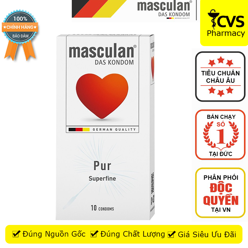 Masculan Pure Superfine Hộp 10 bao Masculan màu trắng siêu mỏng mùi hương vani cvspharmacy